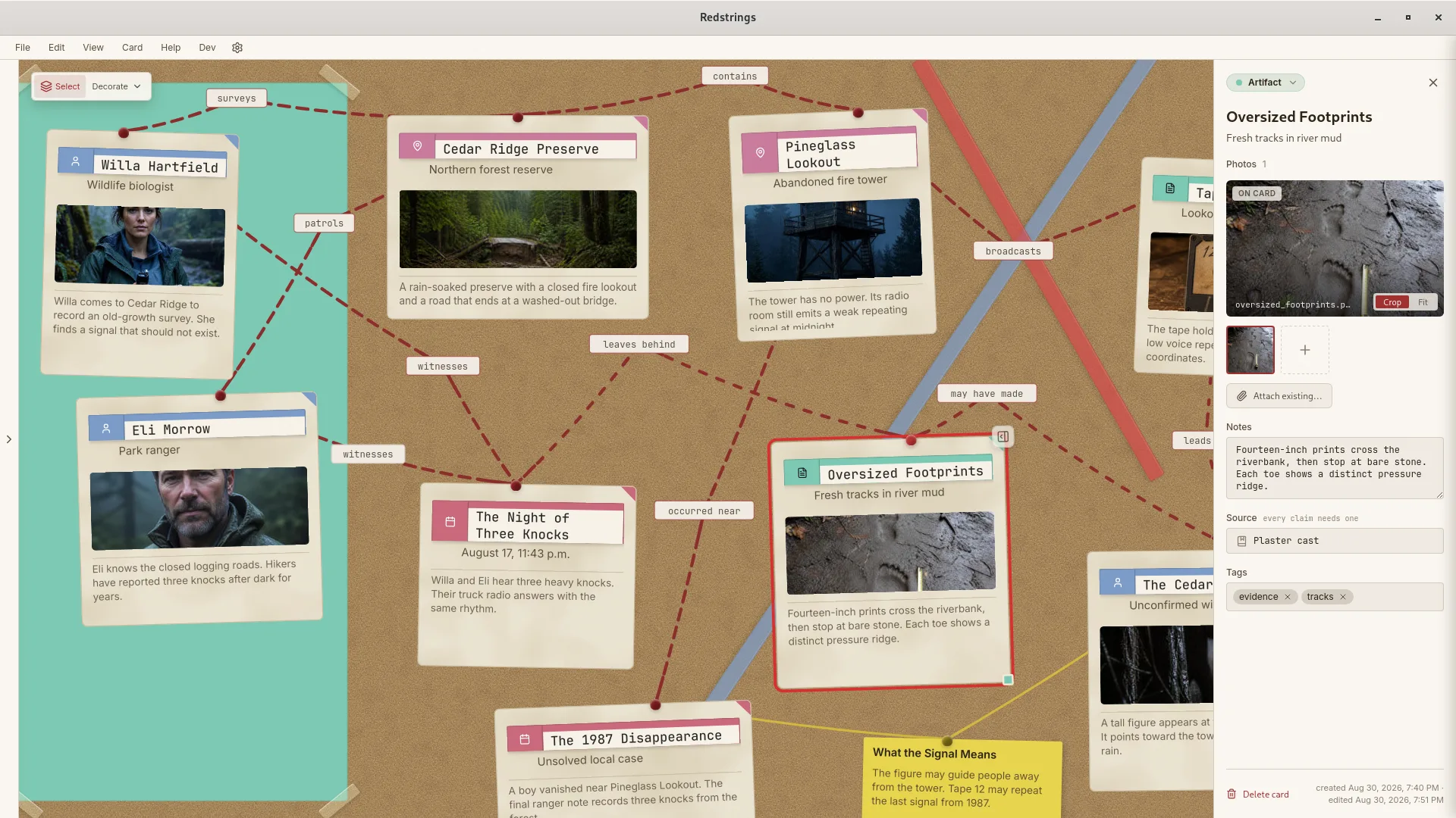 The Redstrings editor showing the Cedar Ridge investigation, with people, places, evidence, and events connected by labeled strings and a note open in the side panel