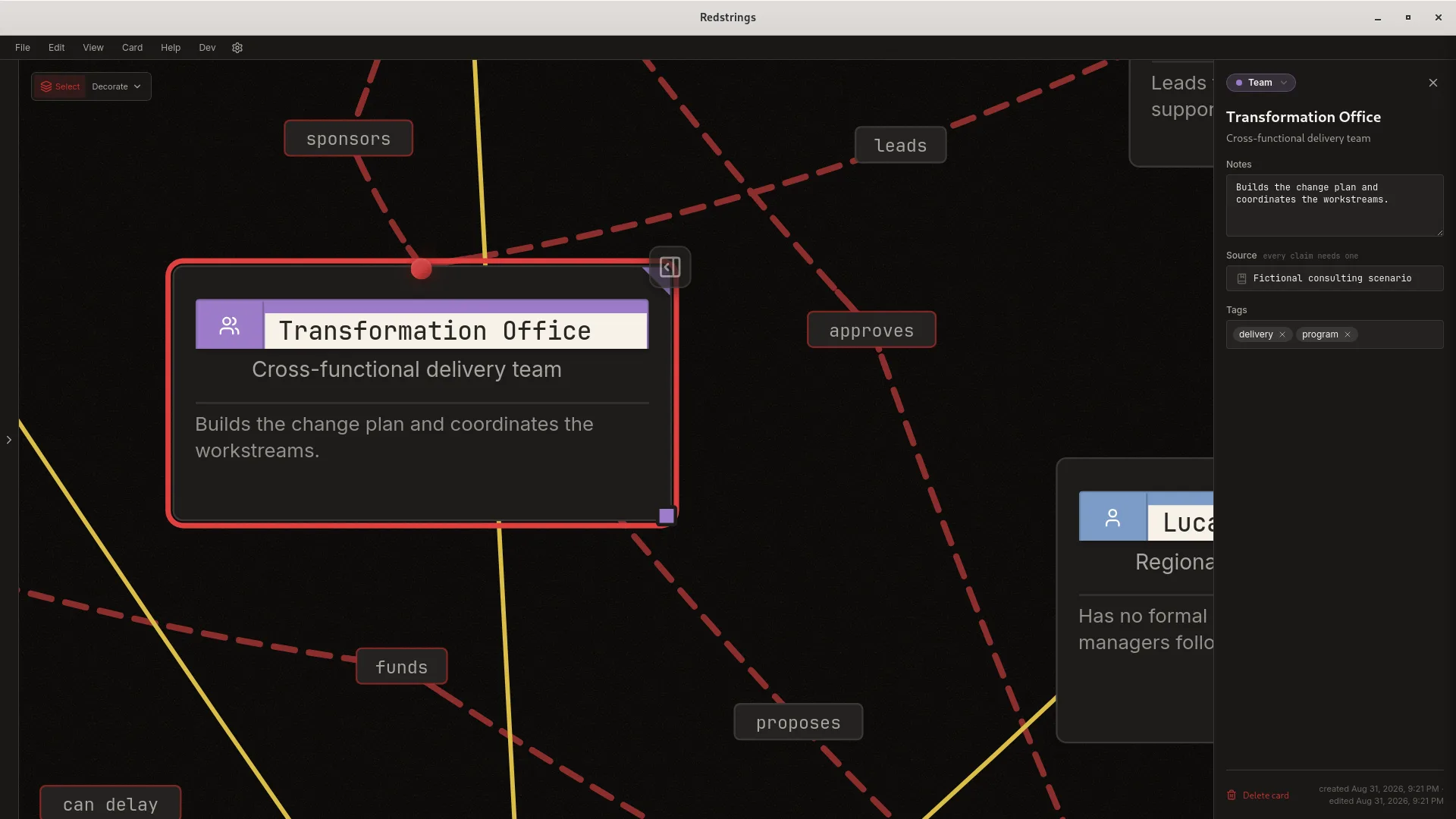 The Redstrings editor showing a consulting stakeholder map, with a team node’s details open in the side panel
