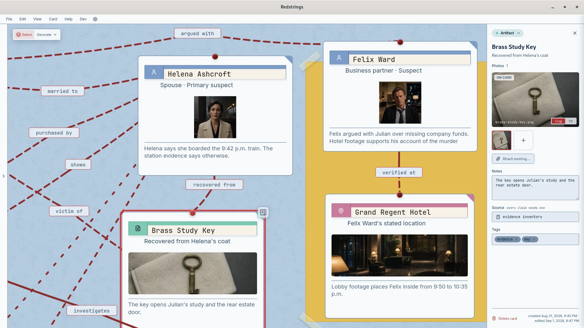 The Redstrings editor showing characters, evidence, and locations connected on a story board, with an artifact’s details open in the side panel