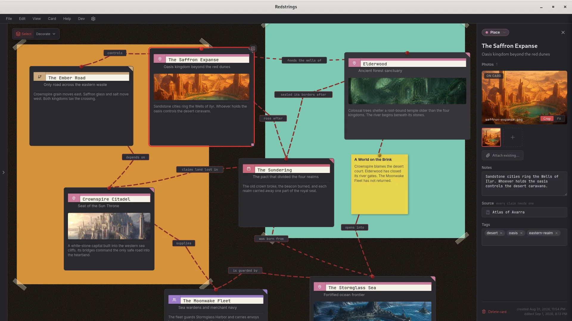 The Redstrings editor showing a fantasy world board with kingdoms, landscapes, and political relationships, plus a node’s details in the side panel